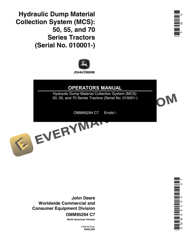 John Deere Hydraulic Dump Material Collection System MCS 50 55 and 70 Series Tractors Operator Manual OMM95294 1