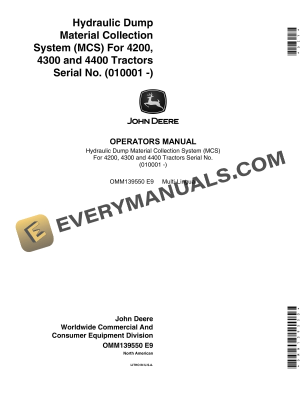 John Deere Hydraulic Dump Material Collection System MCS For 4200 4300 and 4400 Tractors Operator Manual OMM139550 1