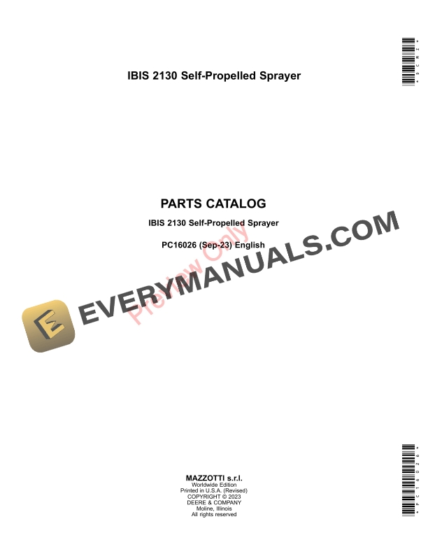 John Deere IBIS 2130 Self-Propelled Sprayer Parts Catalog PC16026 30SEP23