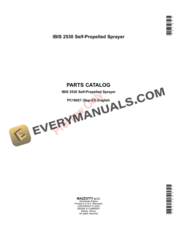 John Deere IBIS 2530 Self-Propelled Sprayer Parts Catalog PC16027 30SEP23