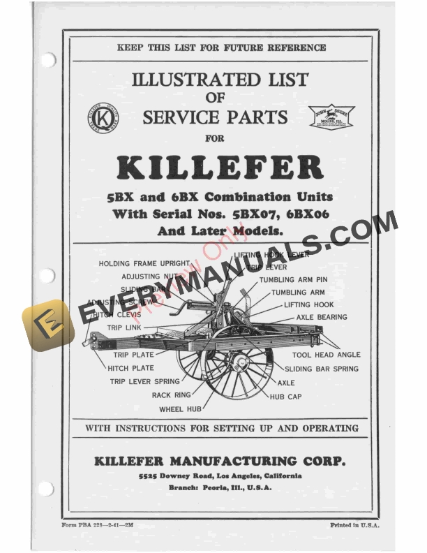 John Deere Illustrated list of Service Parts for Killefer 5Bx and 6Bx Combination Units Service Parts PBA228 01FEB41 1