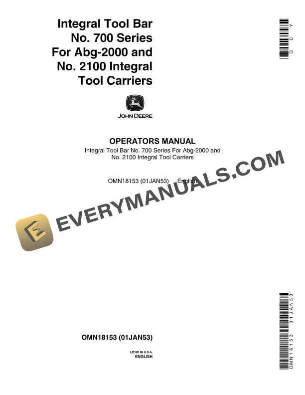 John Deere Integral Tool Bar No. 700 Series For Abg Operator Manual OMN18153 1