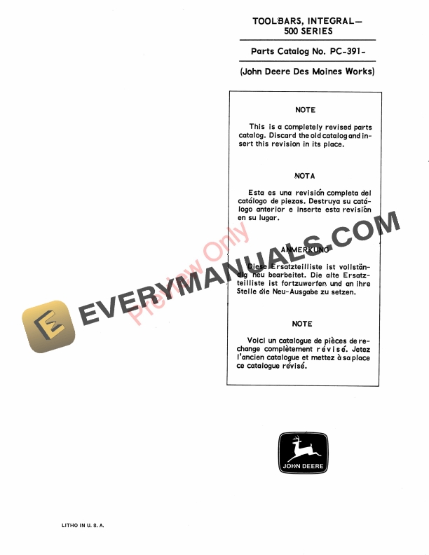 John Deere Integral Toolbars - 500 Series Parts Catalog PC391 01SEP66