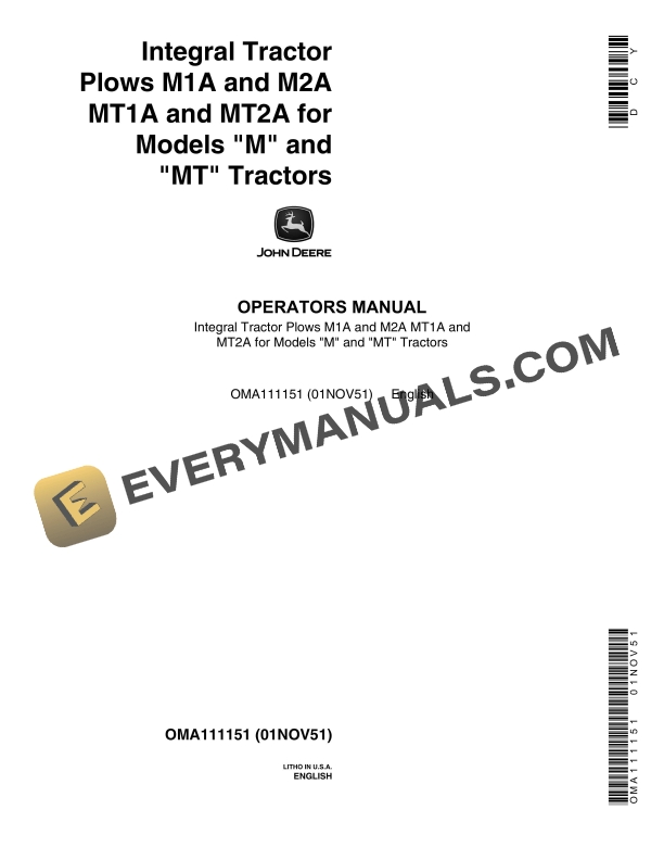John Deere Integral Tractor Plow M1A and M2A MT1A and MT2A for Models M and MT Tractors Operator Manual OMA111151 1