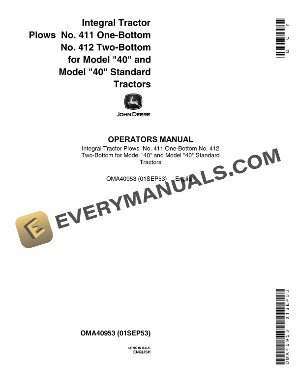 John Deere Integral Tractor Plow No. 411 One Operator Manual OMA40953 1