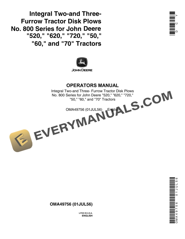 John Deere Integral Two and Three Furrow Tractor Disk Plow No. 800 Series for 520 620 720 50 60 and 70 Tractors Operator Manual OMA49756 1