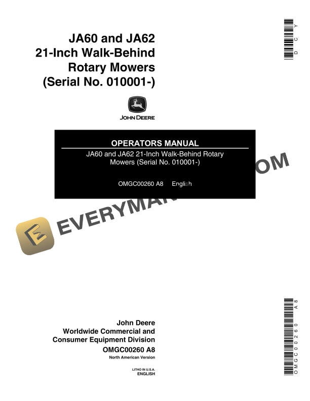 John Deere JA60 and JA62 21 Inch Walk Behind Rotary Mowers Operator Manual OMGC00260 1