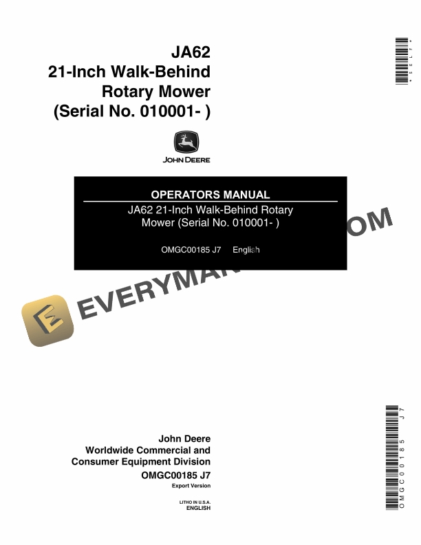 John Deere JA62 21 Inch Walk Behind Rotary Mower Operator Manual OMGC00185 1
