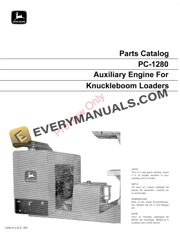 John Deere JD 4219D Auxiliary Engine for 76107620 Knuckleboom Loaders Parts Catalog PC1280 01MAR71