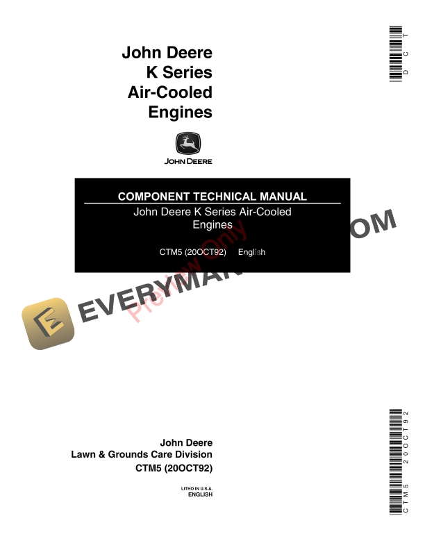 John Deere JD K Series Air-Cooled Component Technical Manual CTM5 20OCT92