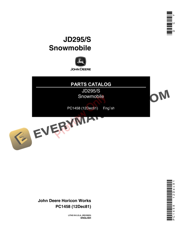 John Deere JD295S Snowmobiles Parts Catalog PC1458 12DEC81