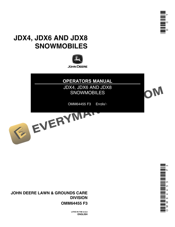 John Deere JDX4, JDX6, JDX8 Snowmobile Operator Manual OMM64455