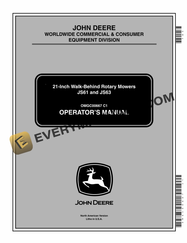 John Deere JS61 and JS63 21 Inch Walk Behind Rotary Mower Operator Manual OMGC00667 1