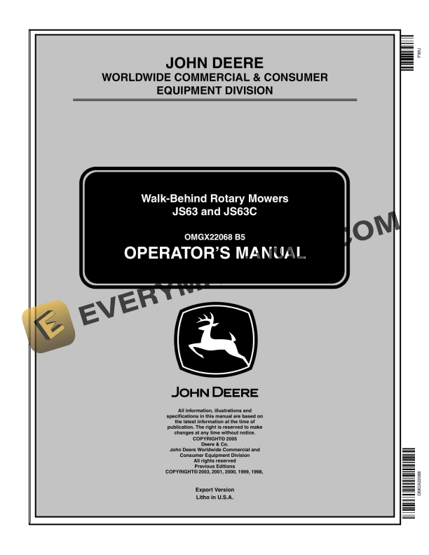 John Deere JS63 and JS63C Walk Behind Rotary Mowers Operator Manual OMGX22068 1