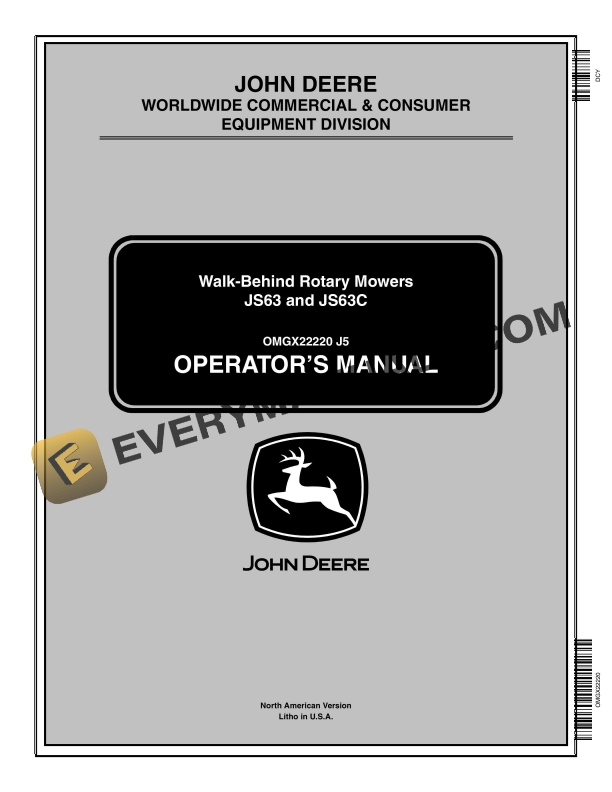 John Deere JS63 and JS63C Walk-Behind Rotary Mowers Operator Manual OMGX22220 1 John Deere JS63 and JS63C Walk Behind Rotary Mowers Operator Manual OMGX22220 1