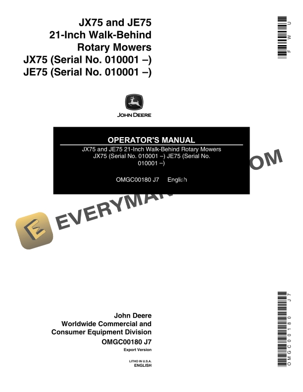 John Deere JX75 and JE75 21 Inch Walk Behind Rotary Mowers Operator Manual OMGC00180 1