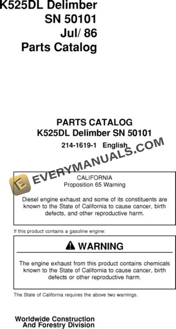 John Deere K525 Delimber Parts Catalog 214 1619 1