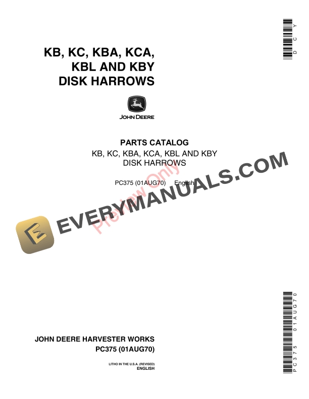 John Deere KB, KBA, KBL, KBY, KC, KCA Disk Harrows Parts Catalog PC375 01AUG70