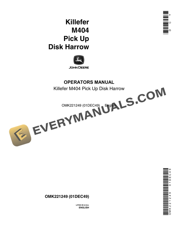 John Deere Killefer M404 Pick Up Disk Harrow Operator Manual OMK221249 1