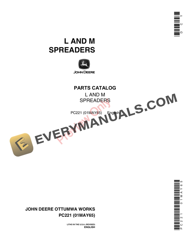 John Deere 'L', 'M' Model Spreaders Parts Catalog PC221 01MAY65