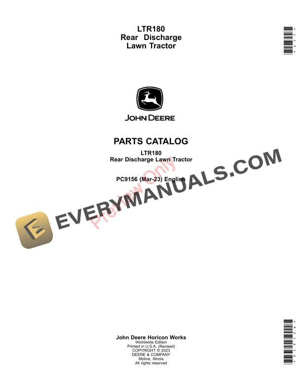 John Deere LTR180 Rear Discharge Lawn Tractor Parts Catalog PC9156 30MAR23