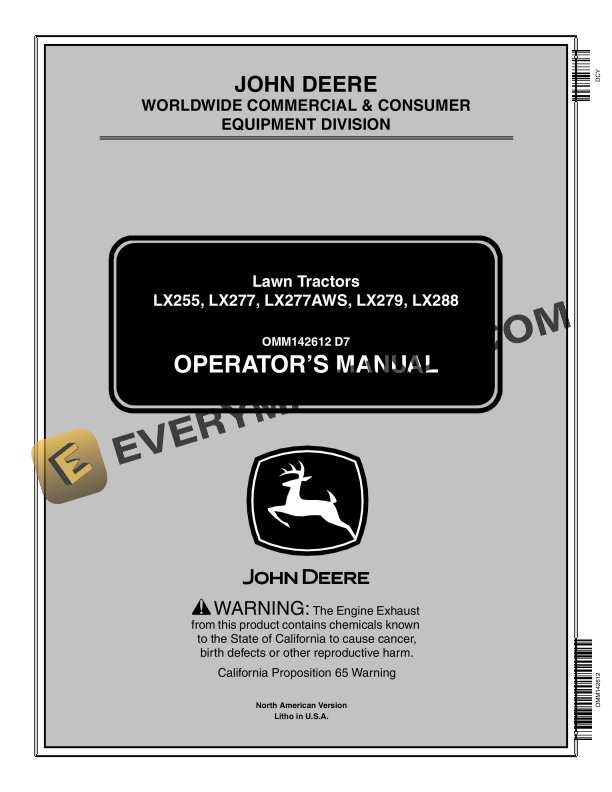 John Deere LX255 LX277 LX277AWS LX279 LX288 Lawn Tractors Operator Manual OMM142612 1