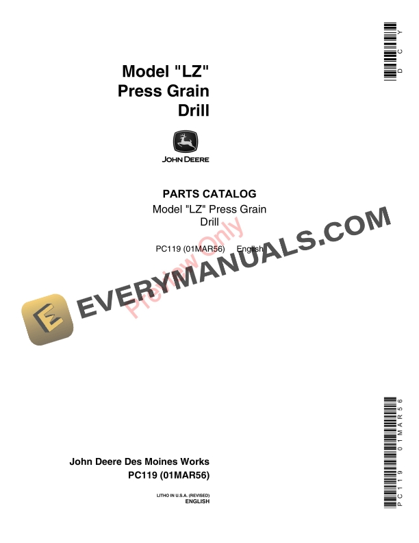 John Deere LZ Press Grain Drill Parts Catalog PC119 01MAR56