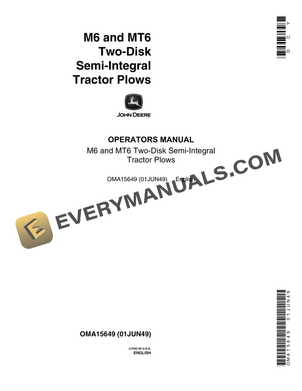 John Deere M6 and MT6 Two Disk Semi Integral Tractor Plow Operator Manual OMA15649 1