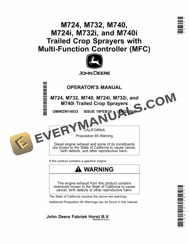 John Deere M724 M732 M740 M724i M732i and M740i Trailed Crop Sprayers with Multi Operator Manual OMWZW14833 1