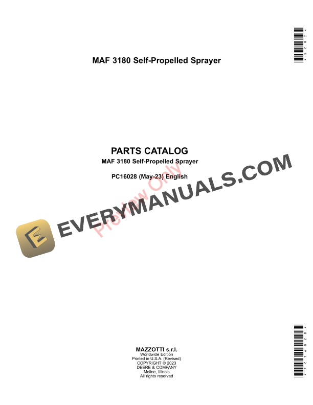 John Deere MAF 3180 Self Propelled Sprayer Parts Catalog PC16028 10MAY23 1