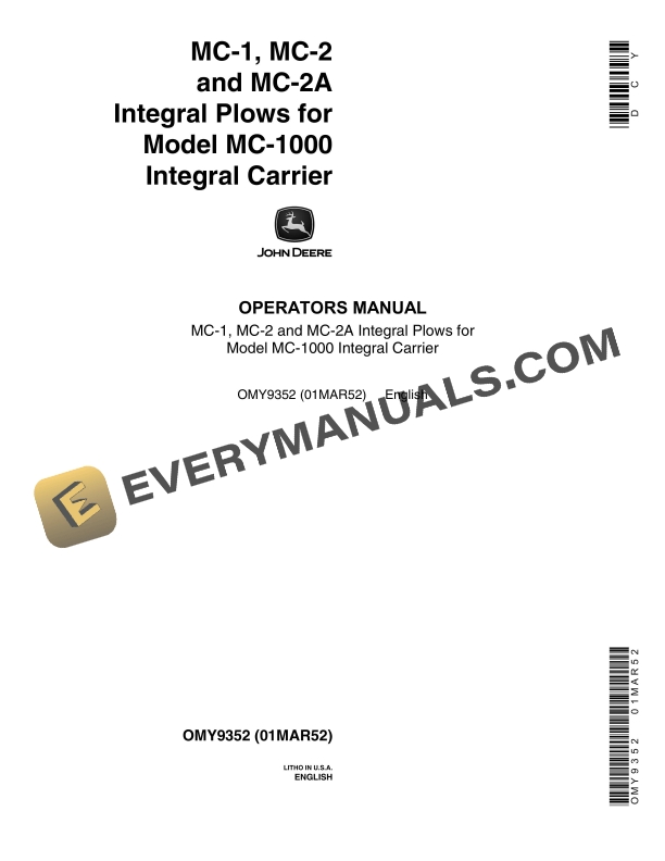 John Deere MC-1, MC-2, MC-2A Integral Plow For Model MC-1000 Integral Carrier Operator Manual OMY9352