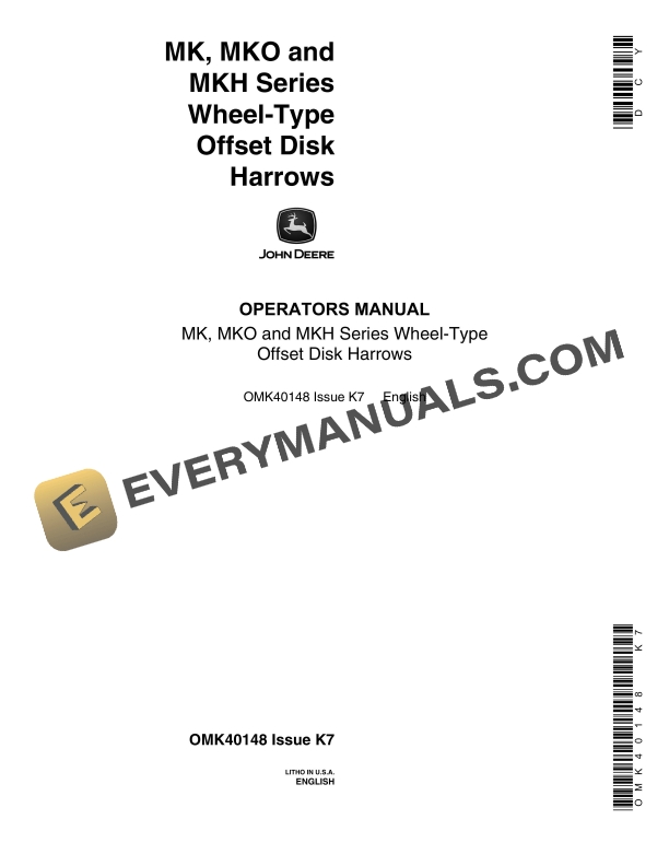 John Deere MK MKO and MKH Series Wheel Type Offset Disk Harrow Operator Manual OMK40148 1