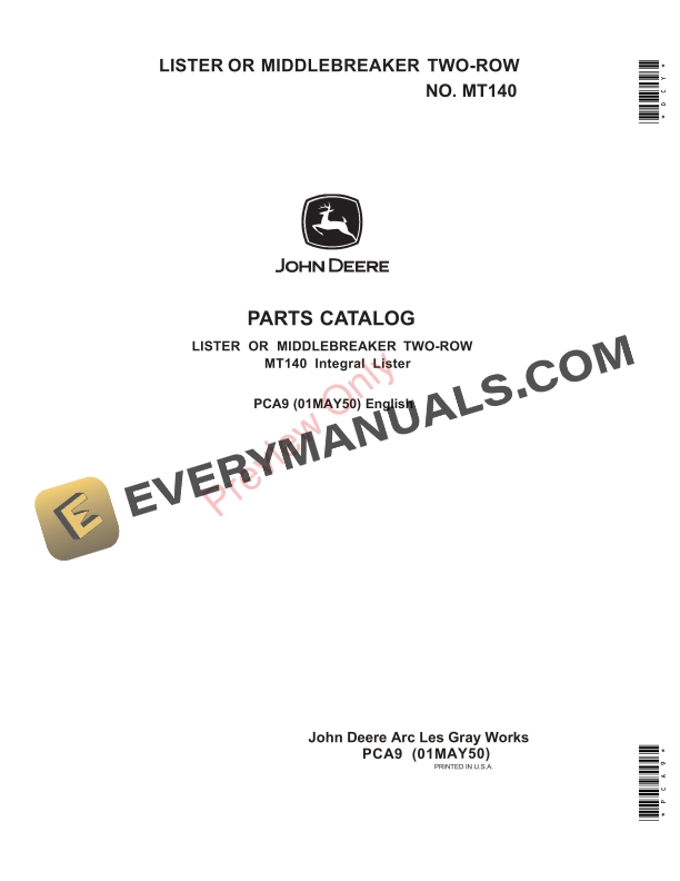 John Deere MT140 Two-Row Lister or Middlebreaker Parts Catalog PCA9 01MAY50