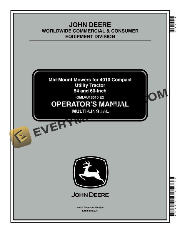 John Deere Mid Mount Mowers for 4010 Compact Utility Tractor 54 and 60 Operator Manual OMLVU13010 1