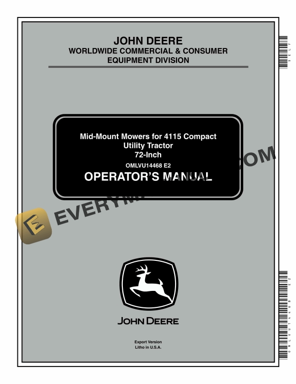 John Deere Mid Mount Mowers for 4115 Compact Utility Tractor 72 Inch Operator Manual OMLVU14468 1