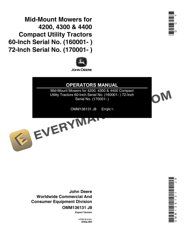 John Deere 4200, 4300, 4400 Compact Utility Tractors 60 and 72-Inch Mid-Mount Mowers Operator Manual OMM136131