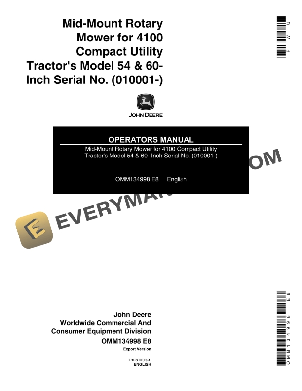 John Deere Mid Mount Rotary Mower for 4100 Compact Utility Tractors Model 54 and 60 Operator Manual OMM134998 1