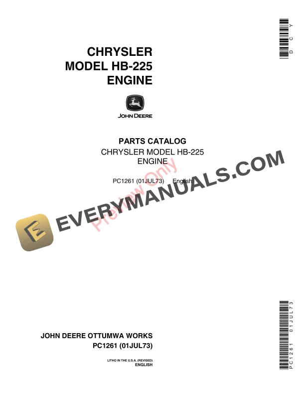 John Deere Model HB-225 Chrysler Engine Parts Catalog PC1261 01JUL73