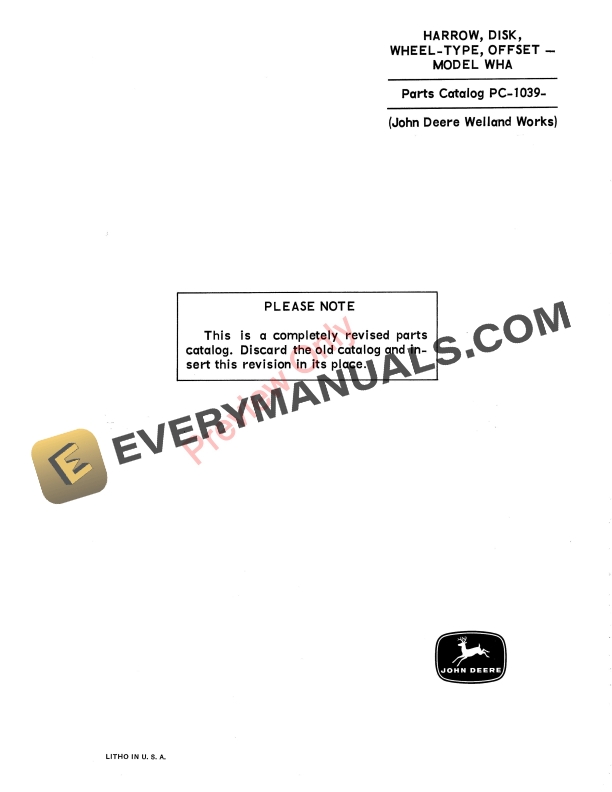 John Deere Model WHA Wheel-Type Offset Disk Parts Catalog PC1039 01AUG67