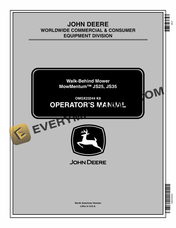 John Deere MowMentum JS25, JS35 Walk-Behind Mower Operator Manual OMGX23244