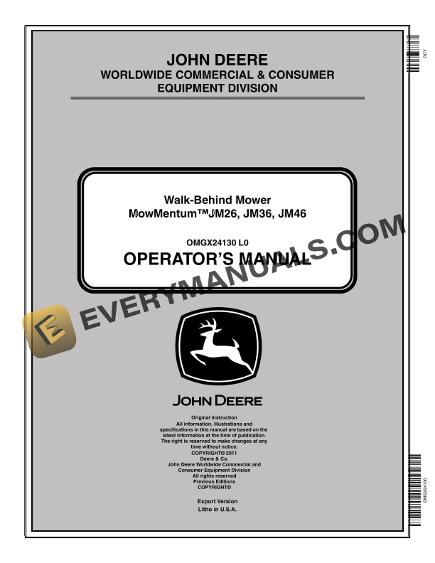 John Deere MowMentum JM26, JM36, JM46 Walk-Behind Mower Operator Manual OMGX24130 2 John Deere MowMentumJM26 JM36 JM46 Walk Behind Mower Operator Manual OMGX24130 1
