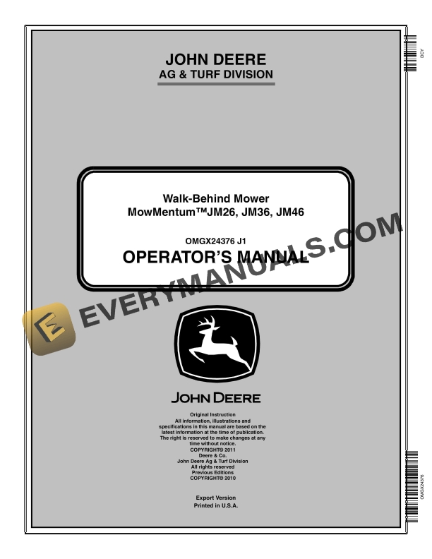 John Deere MowMentumJM26 JM36 JM46 Walk Behind Mower Operator Manual OMGX24376 1