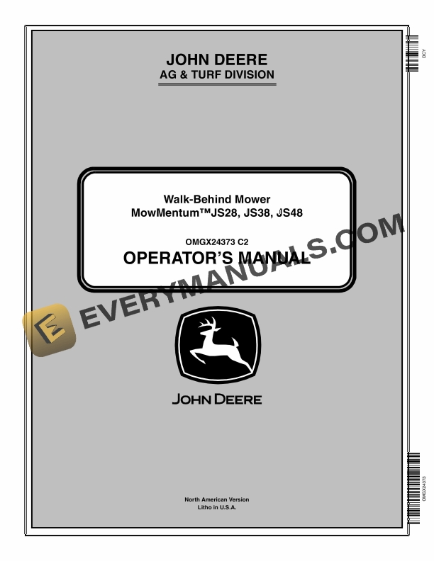John Deere MowMentum JS28, JS38, JS48 Walk-Behind Mower Operator Manual OMGX24373