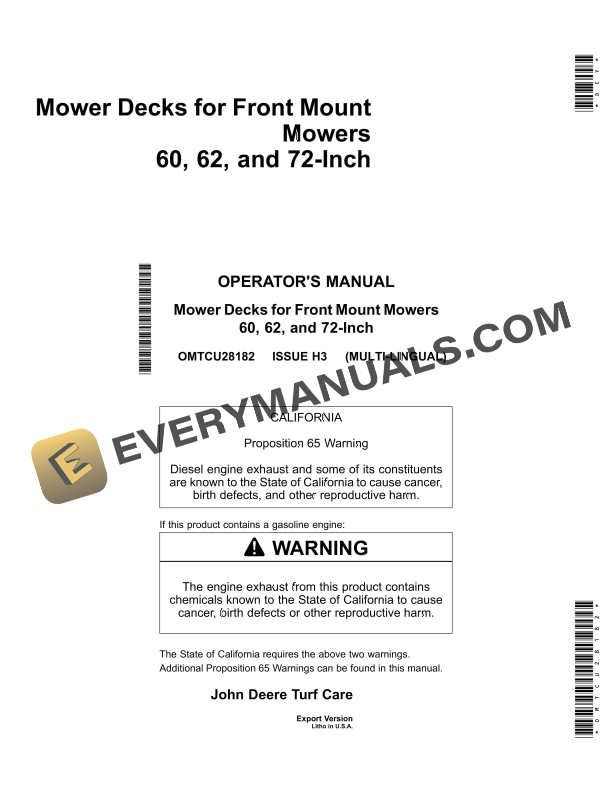 John Deere Mower Decks for Front Mount Mowers 60 62 and 72 Inch Operator Manual OMTCU28182 1
