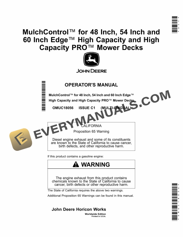 John Deere MulchControl For 48 Inch, 54 Inch, 60 Inch Edge High Capacity Pro Mower Decks Operator Manual OMUC18056