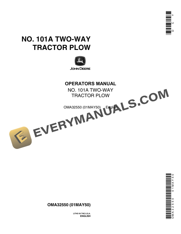 John Deere No. 101A Two-Way Tractor Plow Operator Manual OMA32550