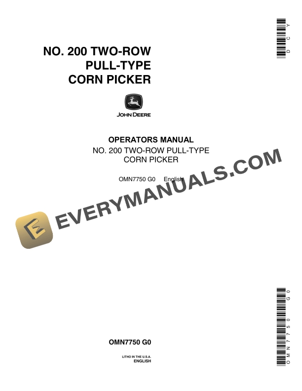 John Deere No. 200 Two-Row Pull-Type Corn Picker Operator Manual OMN7750