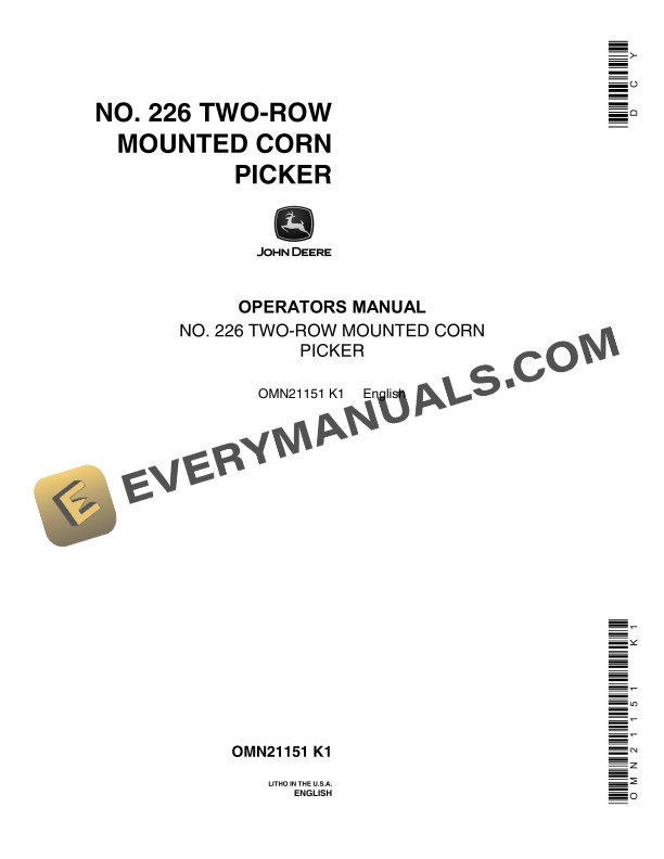 John Deere No. 226 Two-Row Mounted Corn Picker Operator Manual OMN21151