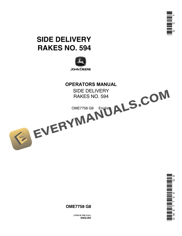 John Deere NO. 594 SIDE DELIVERY RAKE Operator Manual OME7758 1