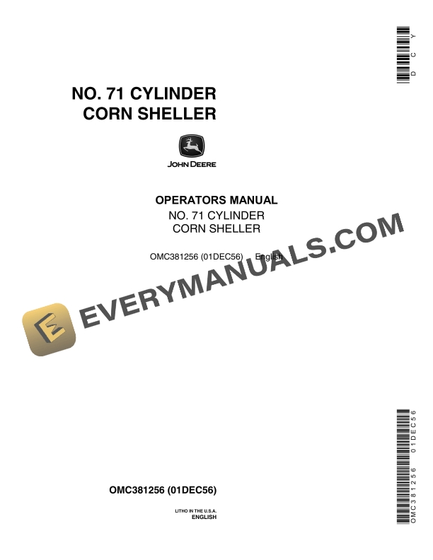 John Deere No. 71 Cylinder Corn Sheller Operator Manual OMC381256